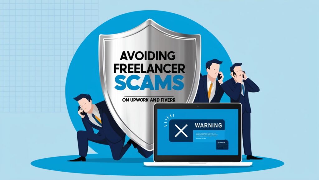 Visual representation of the topic 'Avoiding Freelancer Scams on Upwork and Fiverr,' featuring a shield symbolizing protection and business professionals reacting to warning signs of scams.