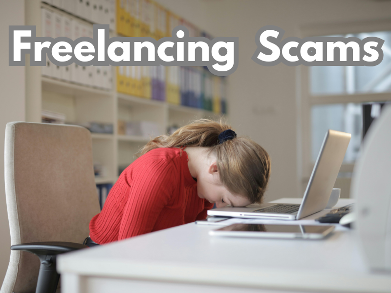 A frustrated freelancer sitting at a desk, head down on the laptop, symbolizing the emotional impact of encountering scams on freelance platforms.