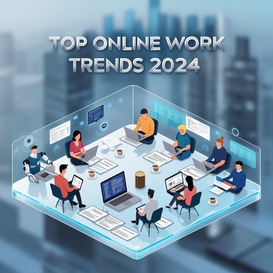 “Illustration of 2024 online work trends, showcasing remote work, AI integration, and freelancing growth in a modern digital workspace.”