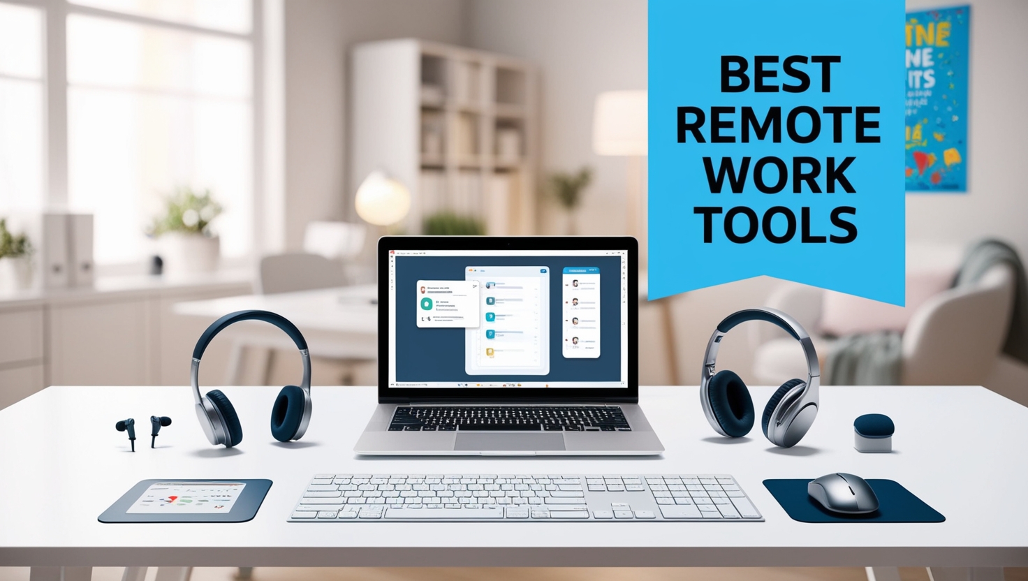 Person working from home on a laptop with remote work tools displayed on screen